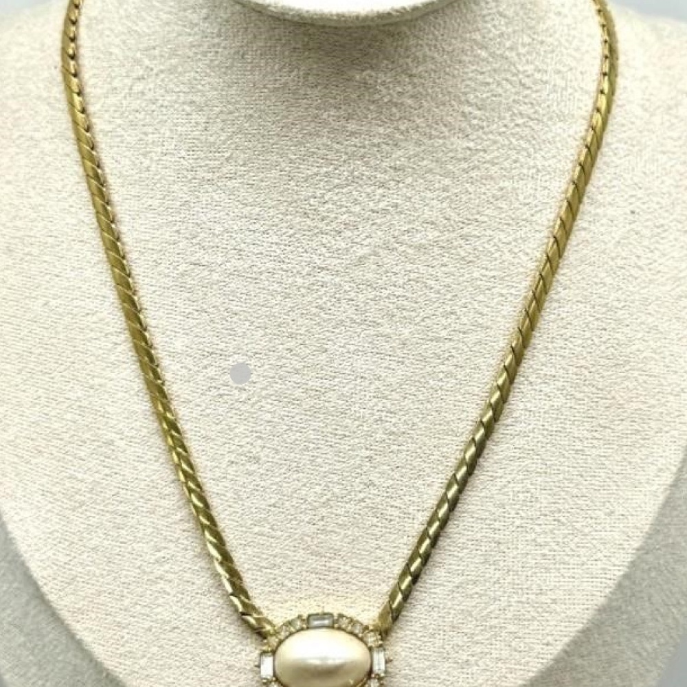 Christian Dior Vintage 1980s Large White Oval Pearl Crystals Pendant Necklace
